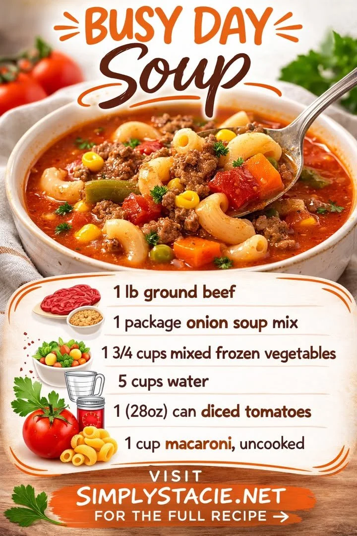 A steaming bowl of Busy Day Soup with vegetables and herbs.