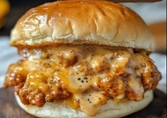Cajun Chicken Sloppy Joes served on a plate with toppings and side of fries