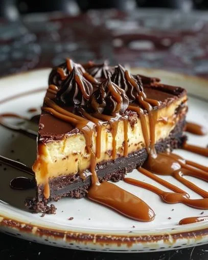 Delicious caramel brownie cheesecake topped with caramel drizzle and brownie pieces