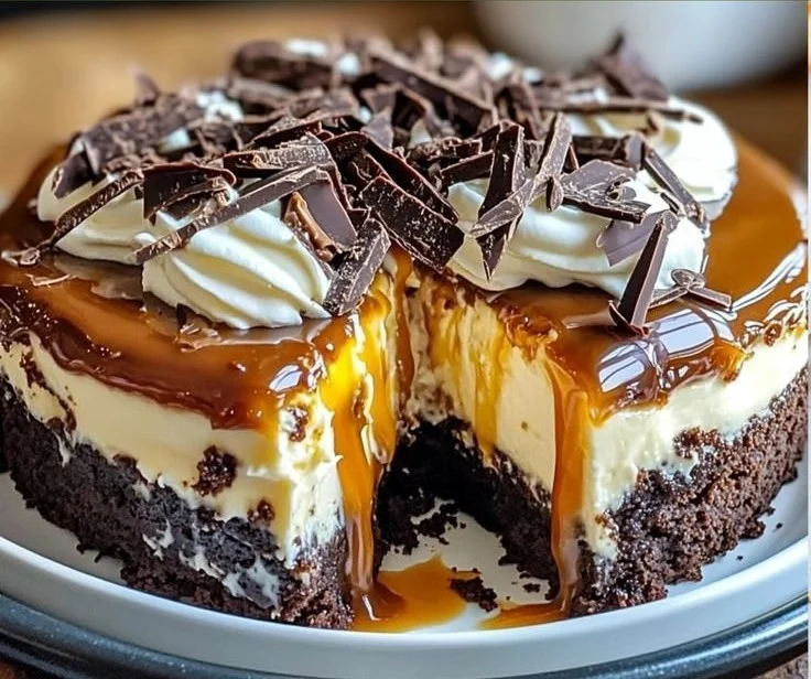 Delicious caramel brownie cheesecake topped with caramel sauce and nuts