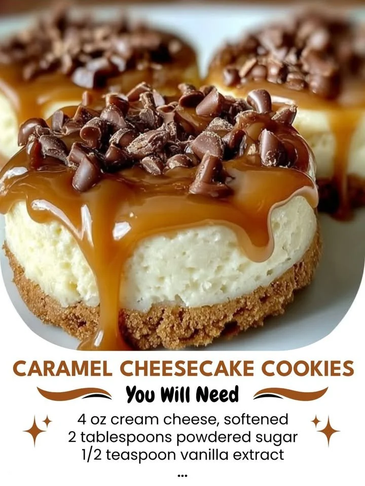Delicious caramel cheesecake cookies with a creamy filling and caramel drizzle.