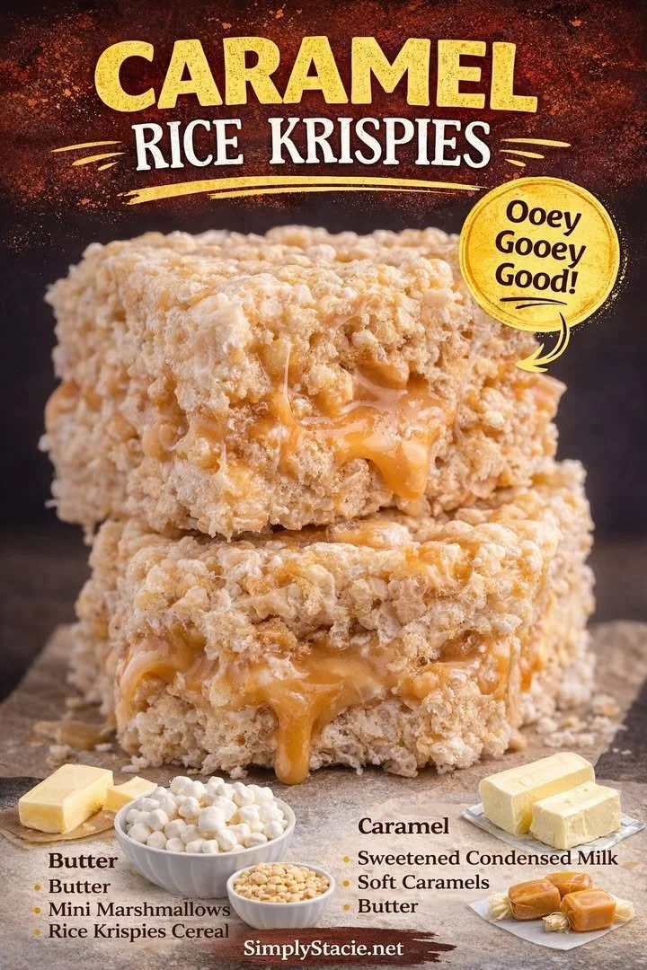 Delicious Caramel Rice Krispie Bars with gooey caramel topping and crispy texture
