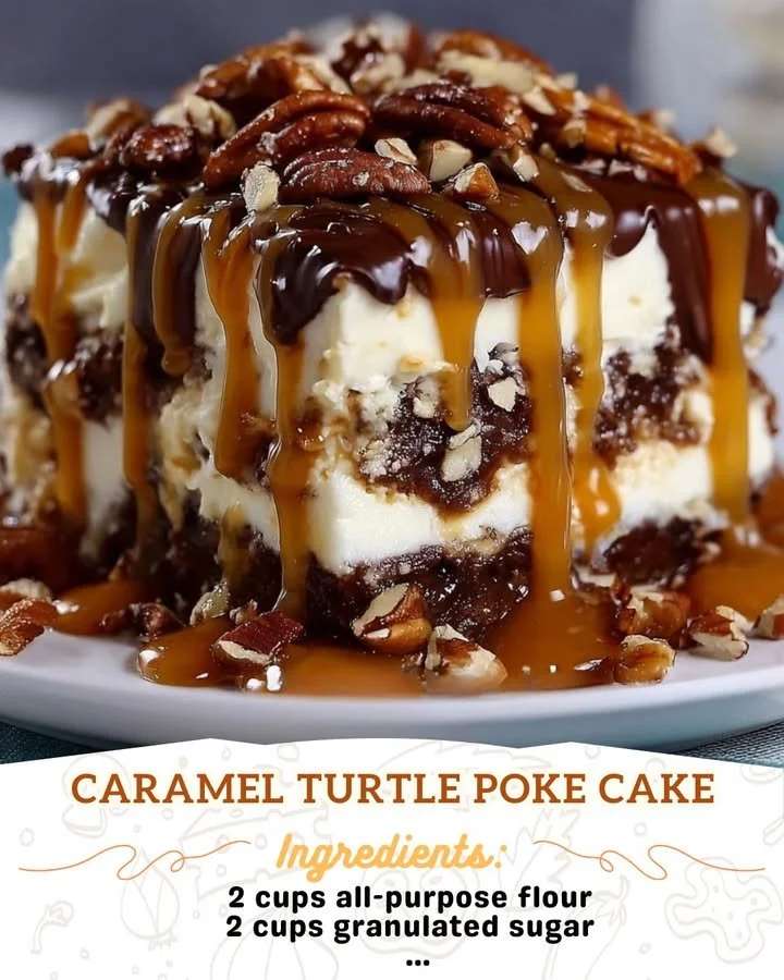Delicious Caramel Turtle Poke Cake topped with caramel and nuts