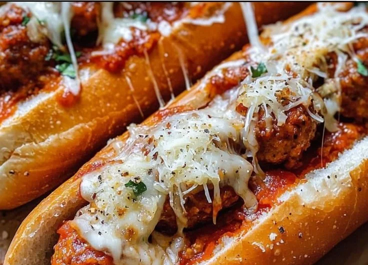 Delicious cheesy meatball subs topped with melted cheese, served on a toasted bun.