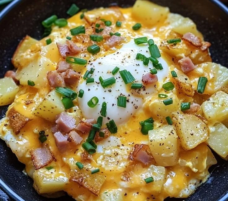Delicious cheesy potato egg scramble served in a bowl with herbs