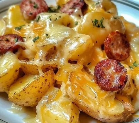 Cheesy ranch potatoes with smoked sausage served in a bowl.