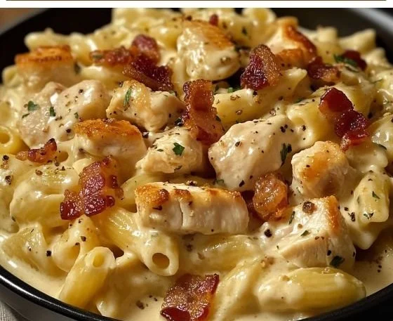 Creamy Chicken Bacon Ranch Pasta with chicken, bacon, and ranch dressing served in a bowl.