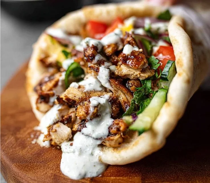 Savory chicken shawarma topped with garlic sauce on a platter