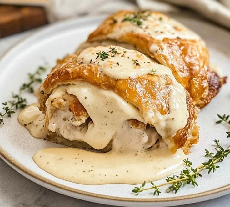 Chicken Wellington with Dijon cream sauce served on a plate