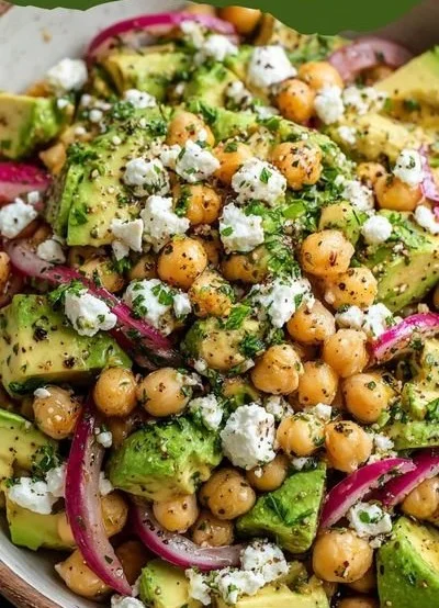 Chickpea Feta Avocado Salad topped with fresh ingredients
