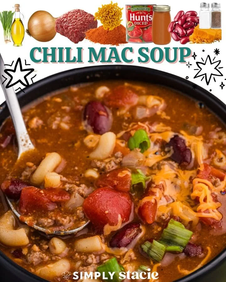Bowl of comforting Chili Mac Soup topped with cheese and herbs