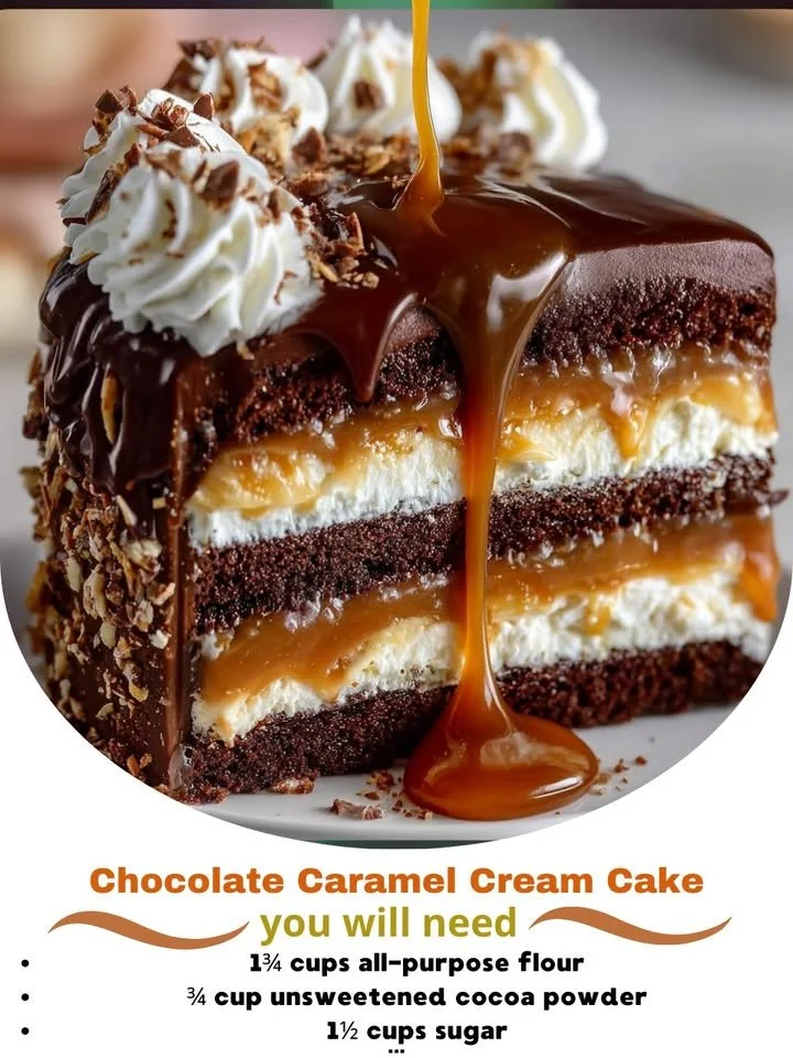 Delicious Chocolate Caramel Cream Cake topped with creamy caramel and chocolate ganache.