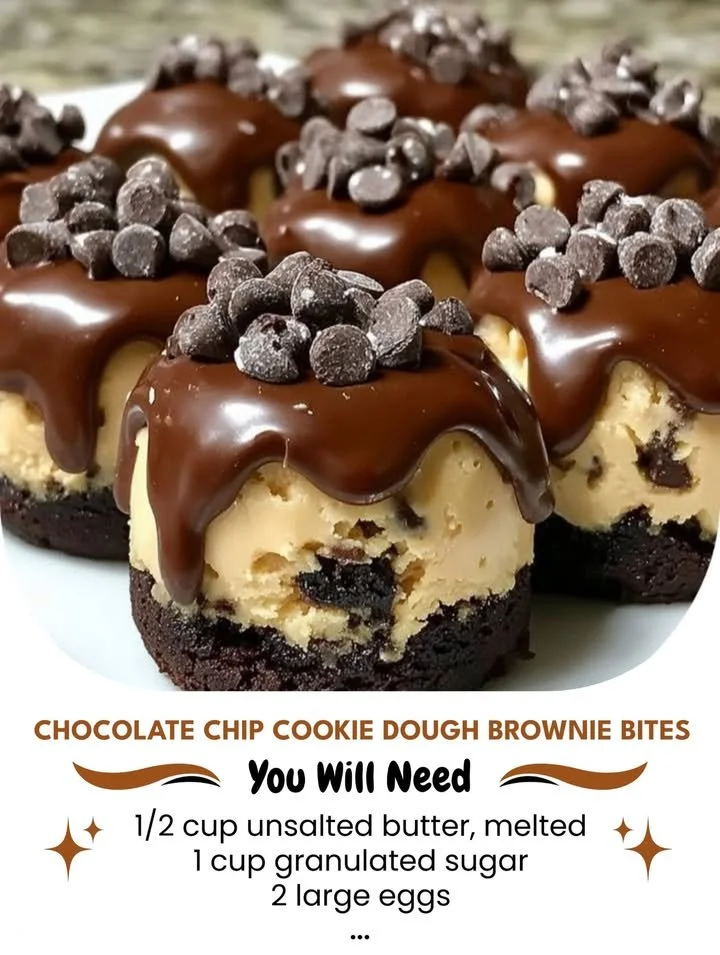 Delicious chocolate chip cookie dough brownie bites with a rich chocolate topping