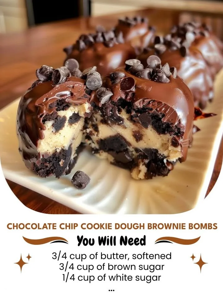 Decadent chocolate chip cookie dough brownie bombs on a white plate