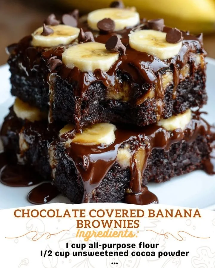 Delicious chocolate covered banana brownies topped with chocolate drizzle.