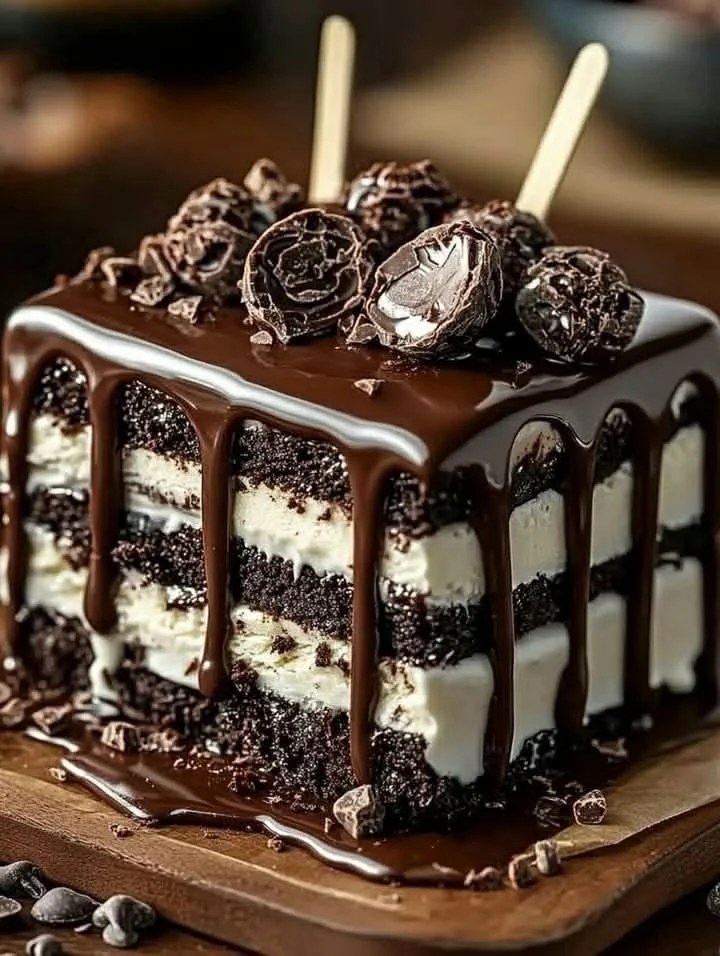Delicious chocolate-covered ice cream bars on a wooden table