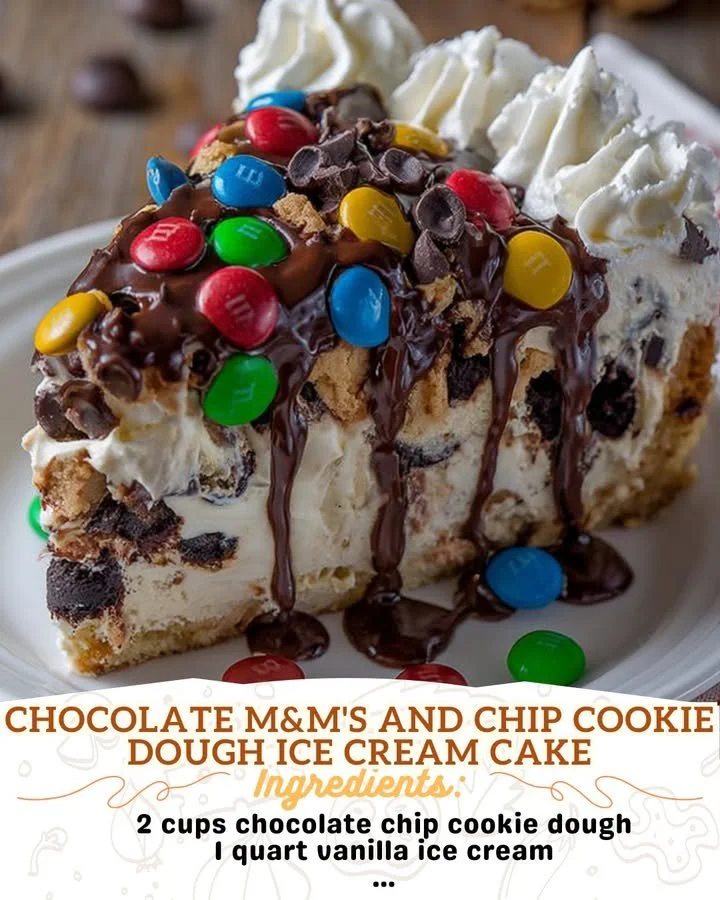 Chocolate M&M's and chip cookie dough ice cream cake slice on a plate