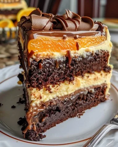 Chocolate orange cheesecake layer cake with decadent chocolate icing and orange zest