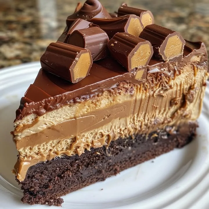 Delicious Chocolate Peanut Butter Cheesecake Cake topped with creamy chocolate and peanut butter