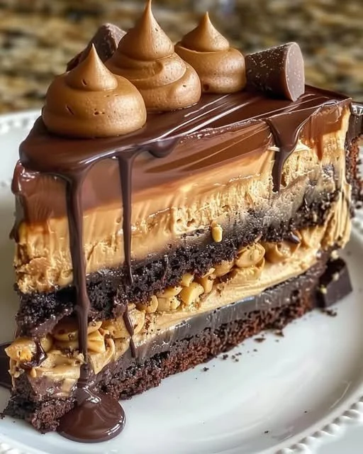Delicious Chocolate Peanut Butter Cheesecake Cake garnished with chocolate drizzle