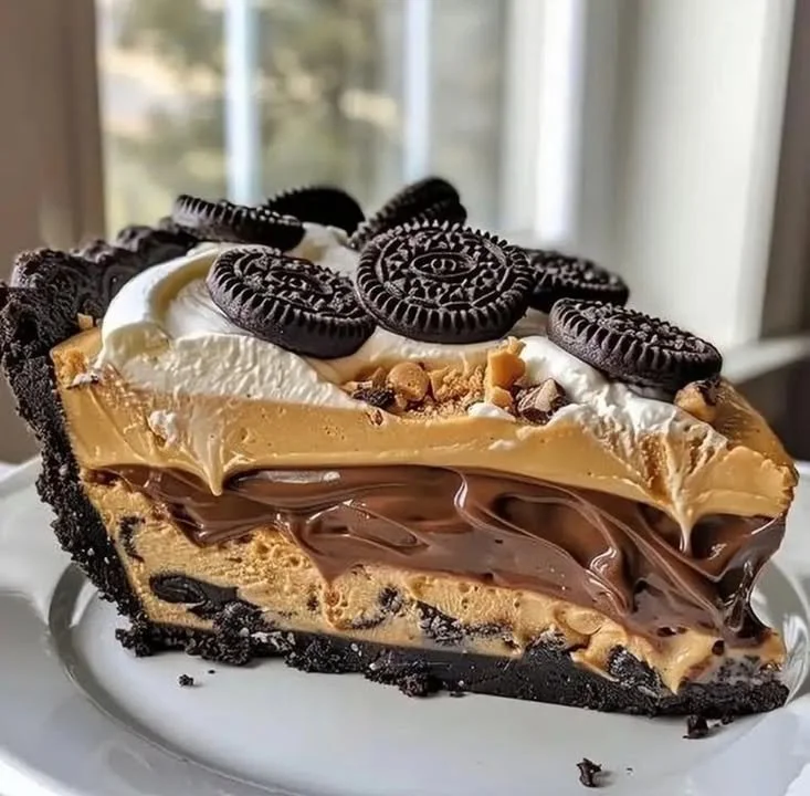 Delicious chocolate peanut butter pie served with a slice ready for dessert