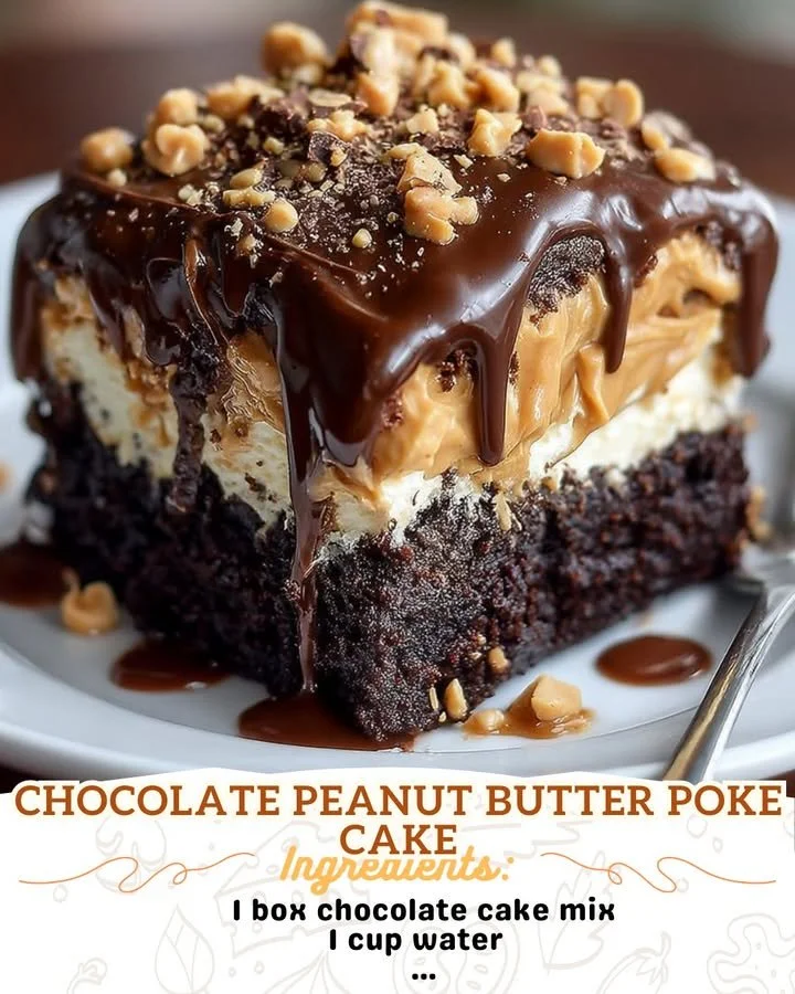 Delicious Chocolate Peanut Butter Poke Cake topped with chocolate drizzle