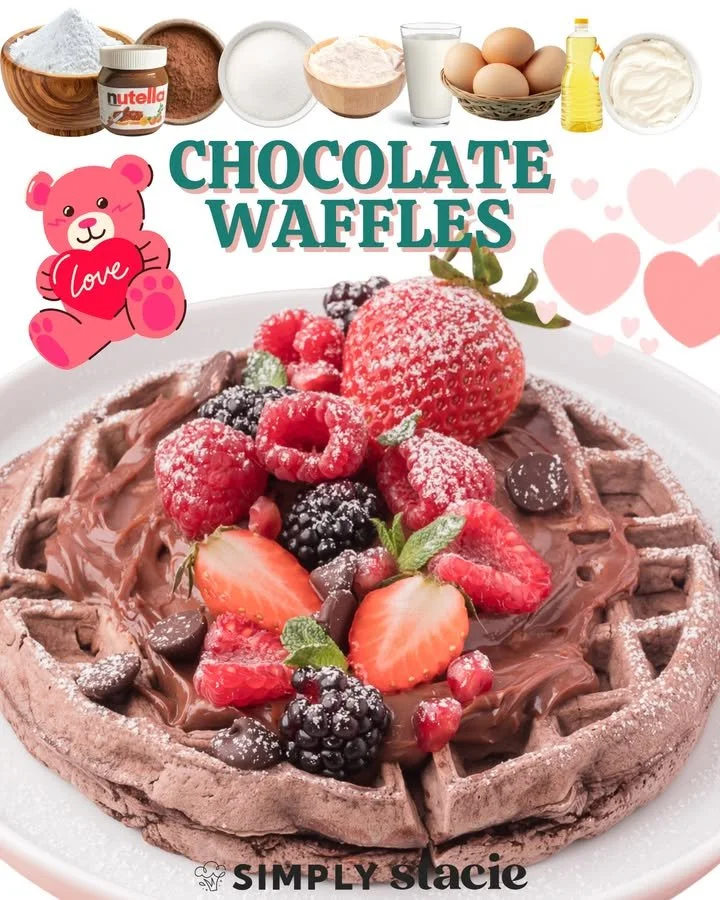 Delicious homemade chocolate waffles drizzled with chocolate sauce and topped with berries
