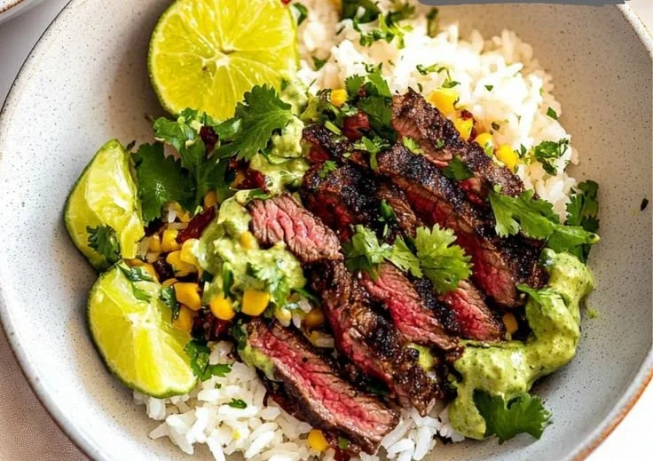Cilantro Lime Steak and Rice Bowls with fresh ingredients and vibrant colors