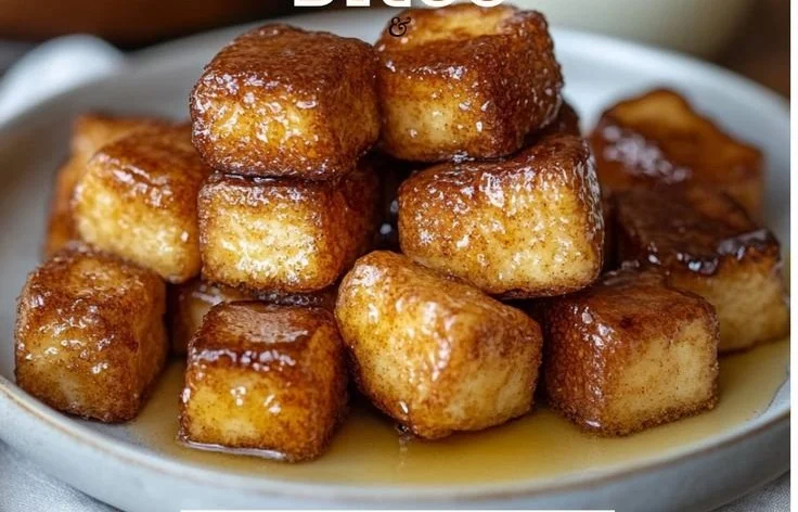 Cinnamon French toast bites served on a plate with syrup