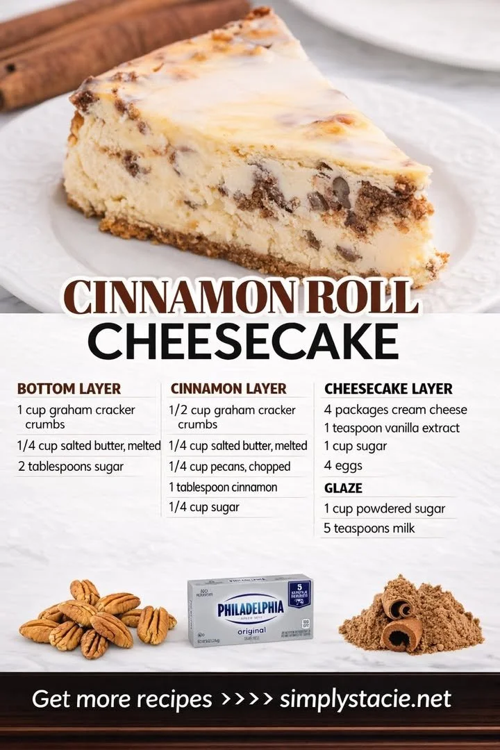 Delicious cinnamon roll cheesecake topped with caramel and cinnamon swirls.