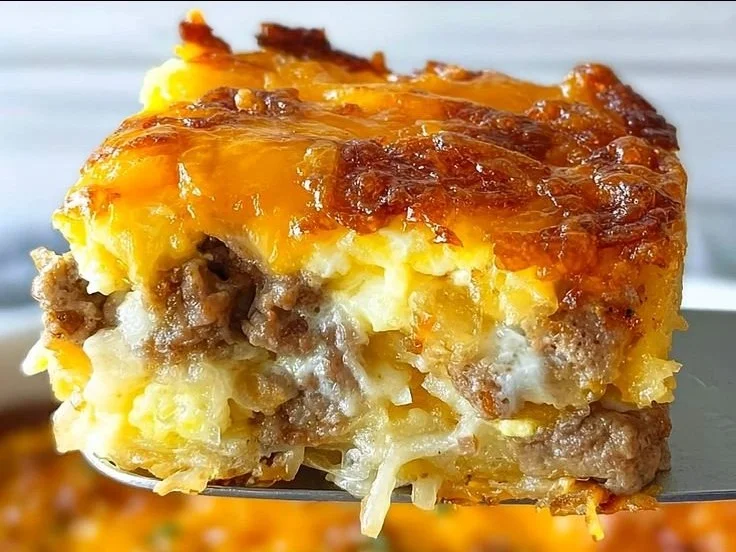 Delicious classic breakfast hashbrown casserole served in a dish.