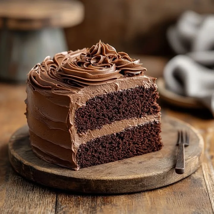 Classic chocolate cake with rich frosting and chocolate shavings on top