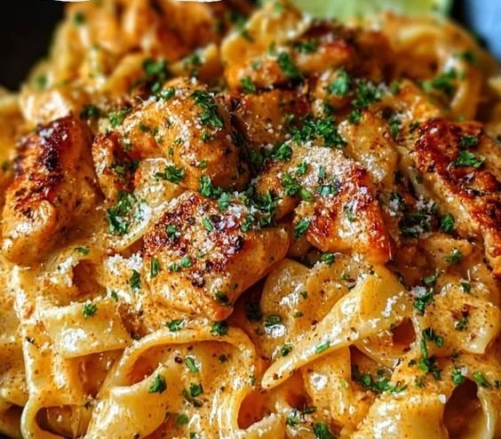 Delicious Cowboy Butter Chicken Pasta served in a bowl, garnished with fresh herbs.