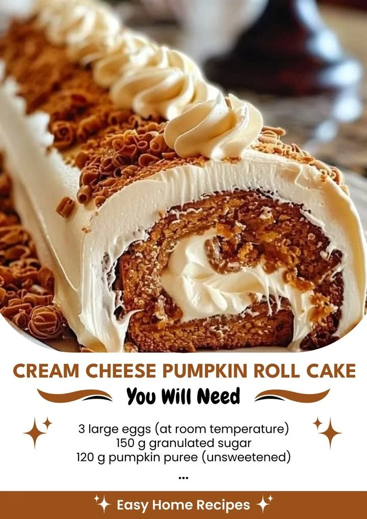 Delicious cream cheese pumpkin roll cake topped with cream cheese frosting.