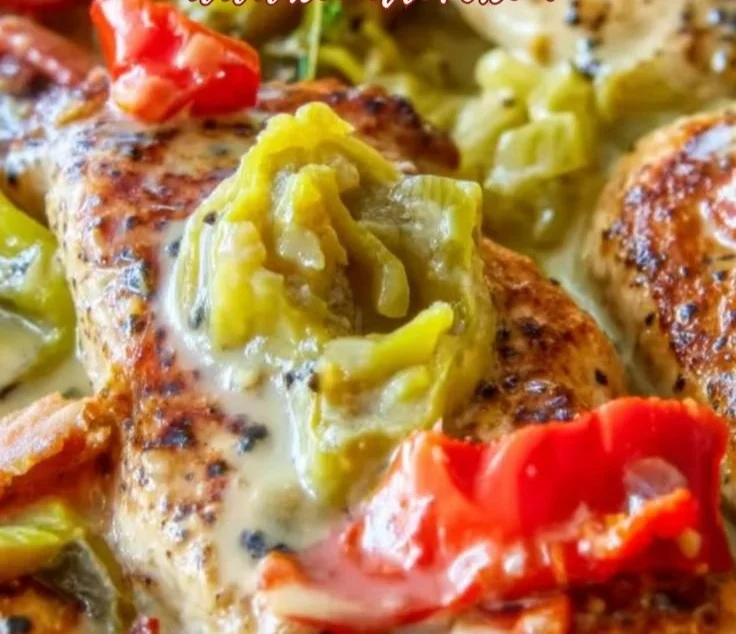Creamy banana pepper chicken skillet with vibrant peppers and tender chicken
