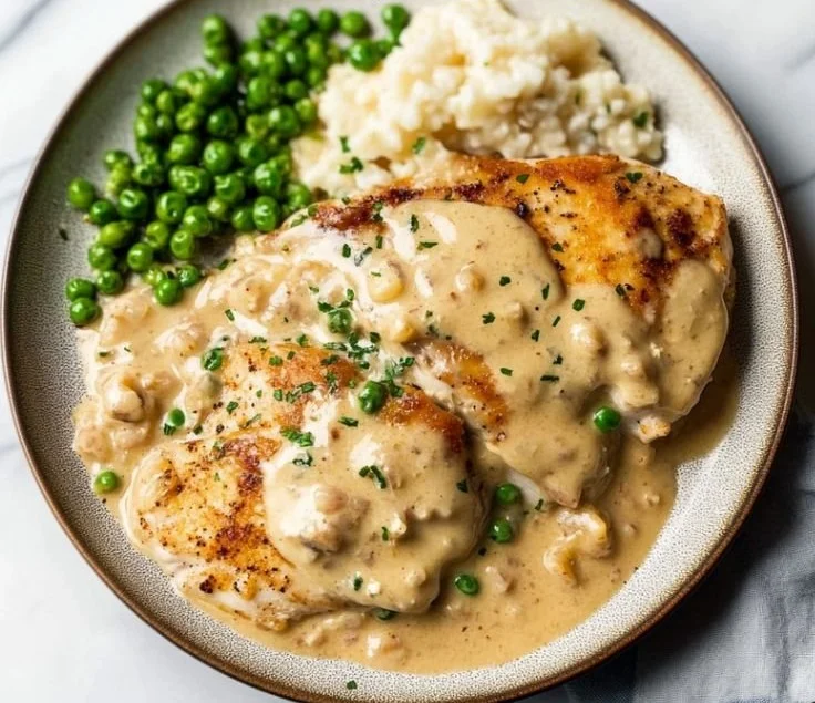 Creamy Boursin chicken bake served with fresh herbs on a plate