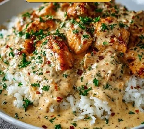 Creamy chicken and rice dish with vegetables served in a bowl