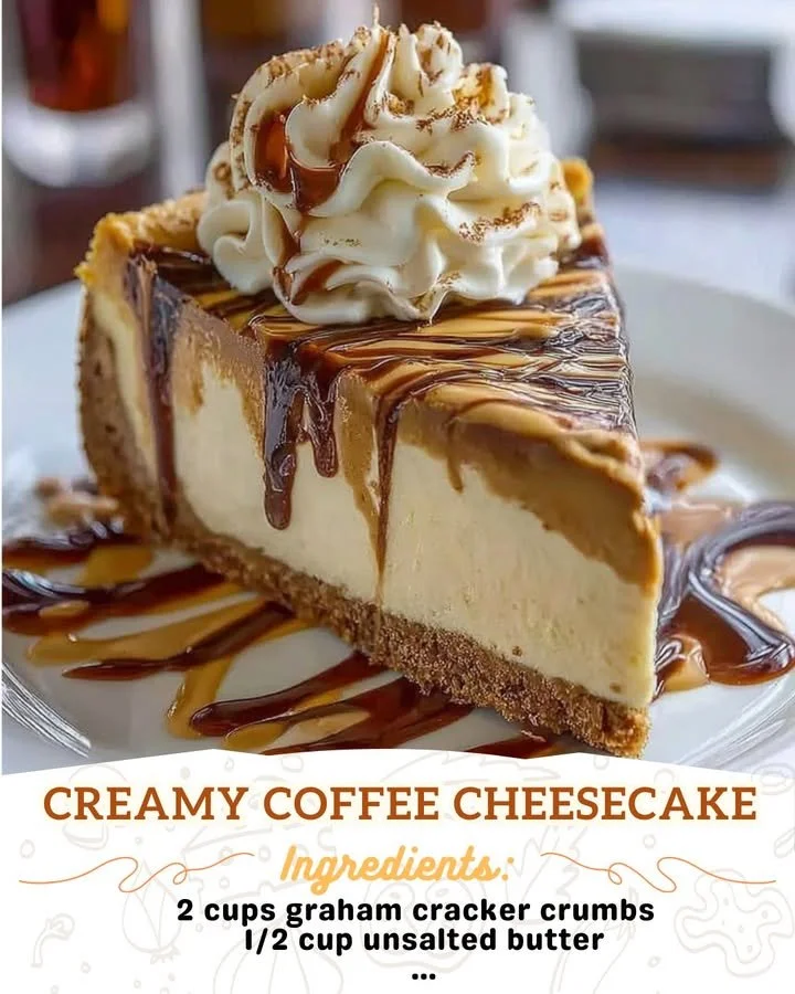 Delicious creamy coffee cheesecake slice topped with coffee beans.