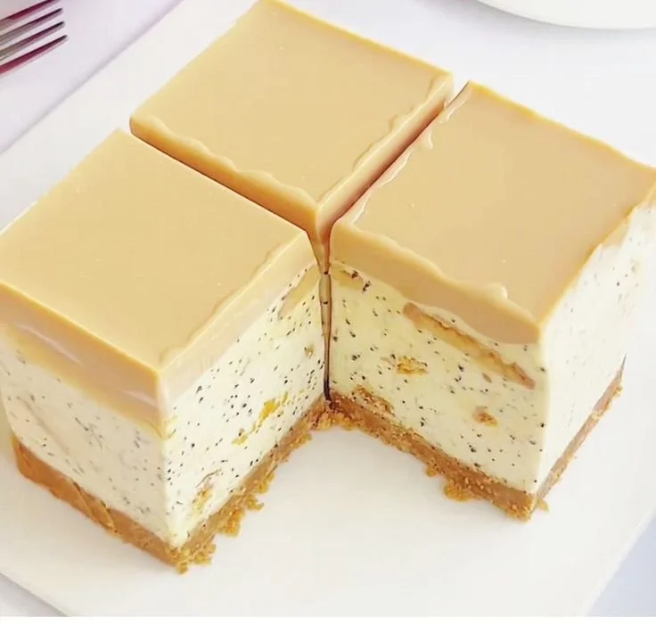 Delicious creamy Earl Grey tea cheesecake topped with tea leaves.