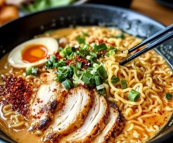 Bowl of creamy garlic chicken ramen topped with herbs and chicken slices