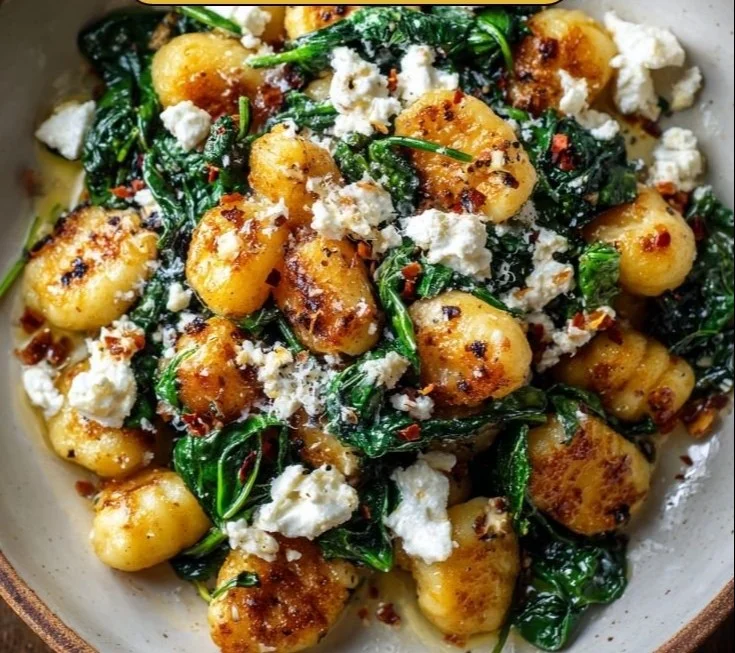 Creamy gnocchi with spinach and feta served in a white bowl
