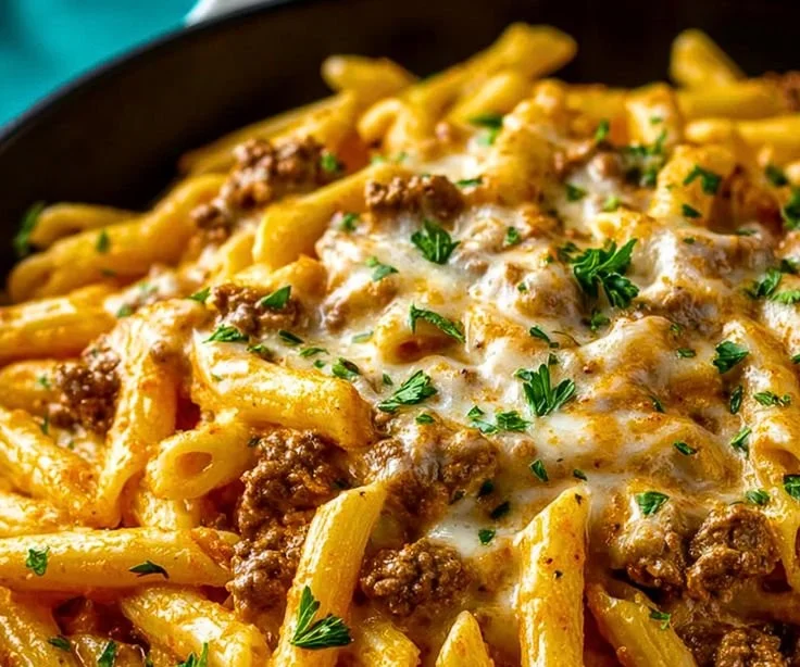 Creamy high protein beef pasta served in a bowl with herbs