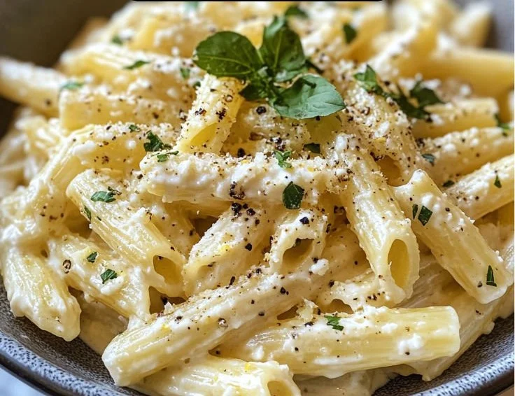 Creamy lemon feta pasta dish with fresh herbs and pasta served in a bowl