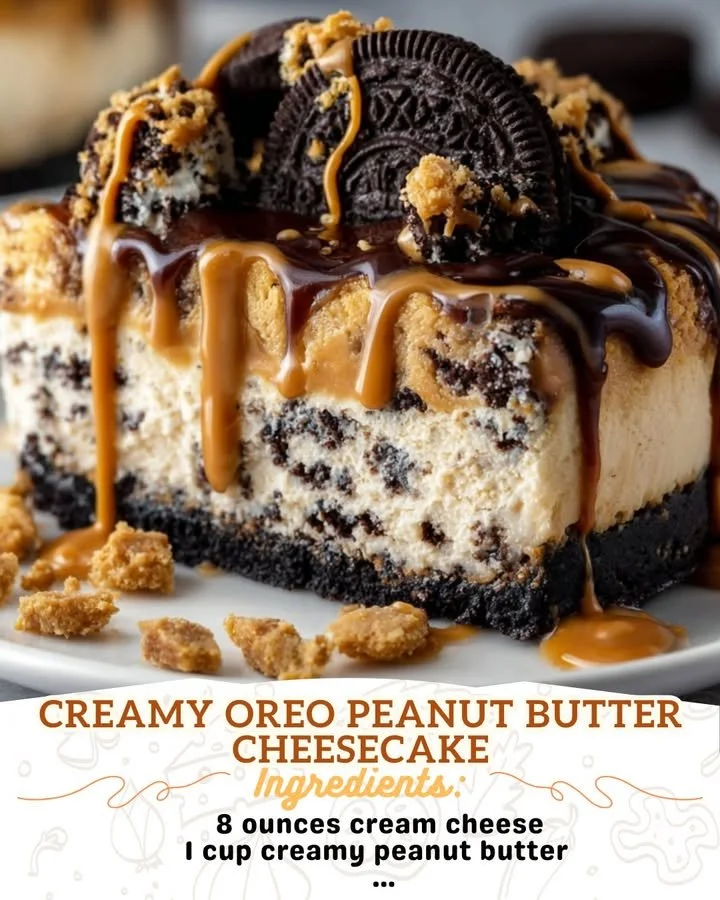 A delicious slice of creamy Oreo Peanut Butter Cheesecake topped with whipped cream.
