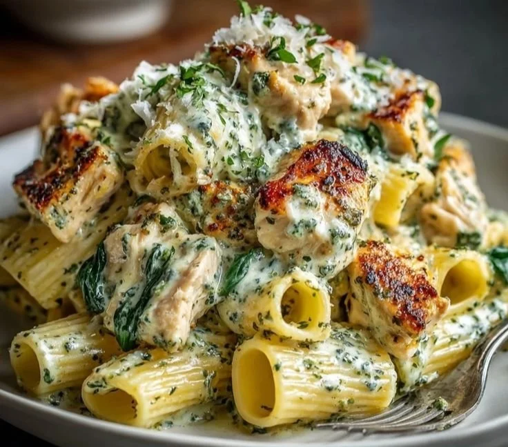 Creamy pesto chicken pasta dish garnished with fresh basil and Parmesan cheese.