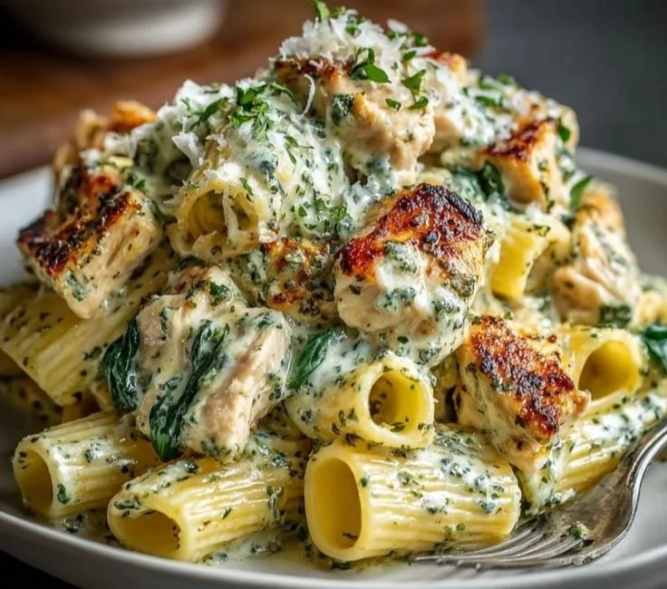 Creamy pesto chicken pasta topped with fresh basil and parmesan cheese