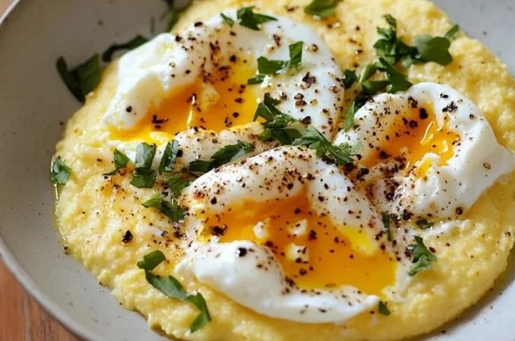 Bowl of creamy polenta topped with poached eggs and herbs