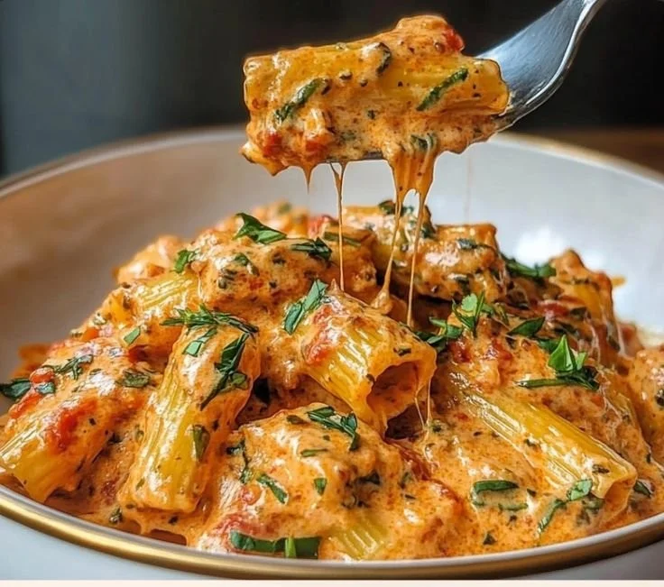 Creamy tomato garlic pasta served in a bowl with fresh herbs
