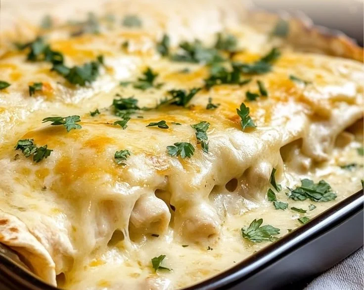 Creamy white chicken enchiladas topped with cheese and cilantro