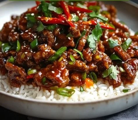 Plate of crispy chilli beef served on a bed of fluffy rice